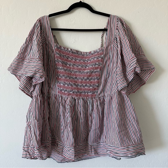 Old Navy Cotton Blend Red White Blue Seersucker Striped Smocked Top Plus Size 4X - Picture 4 of 9